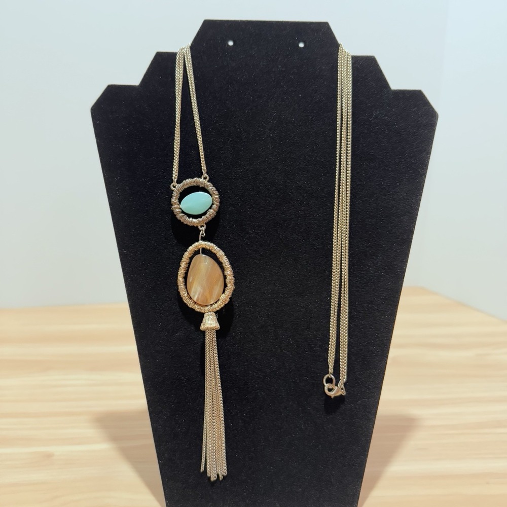 Long Stone & Crystal Faceted Pendant Tassel Necklace Bezel-Like Setting